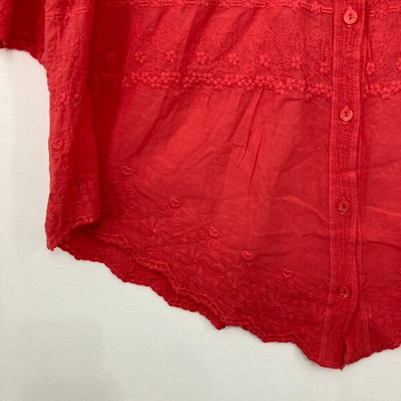 Solitaire 1X Red Embroidered Textured Flare Sleeve Boho Button Down Vacation - Picture 4 of 10